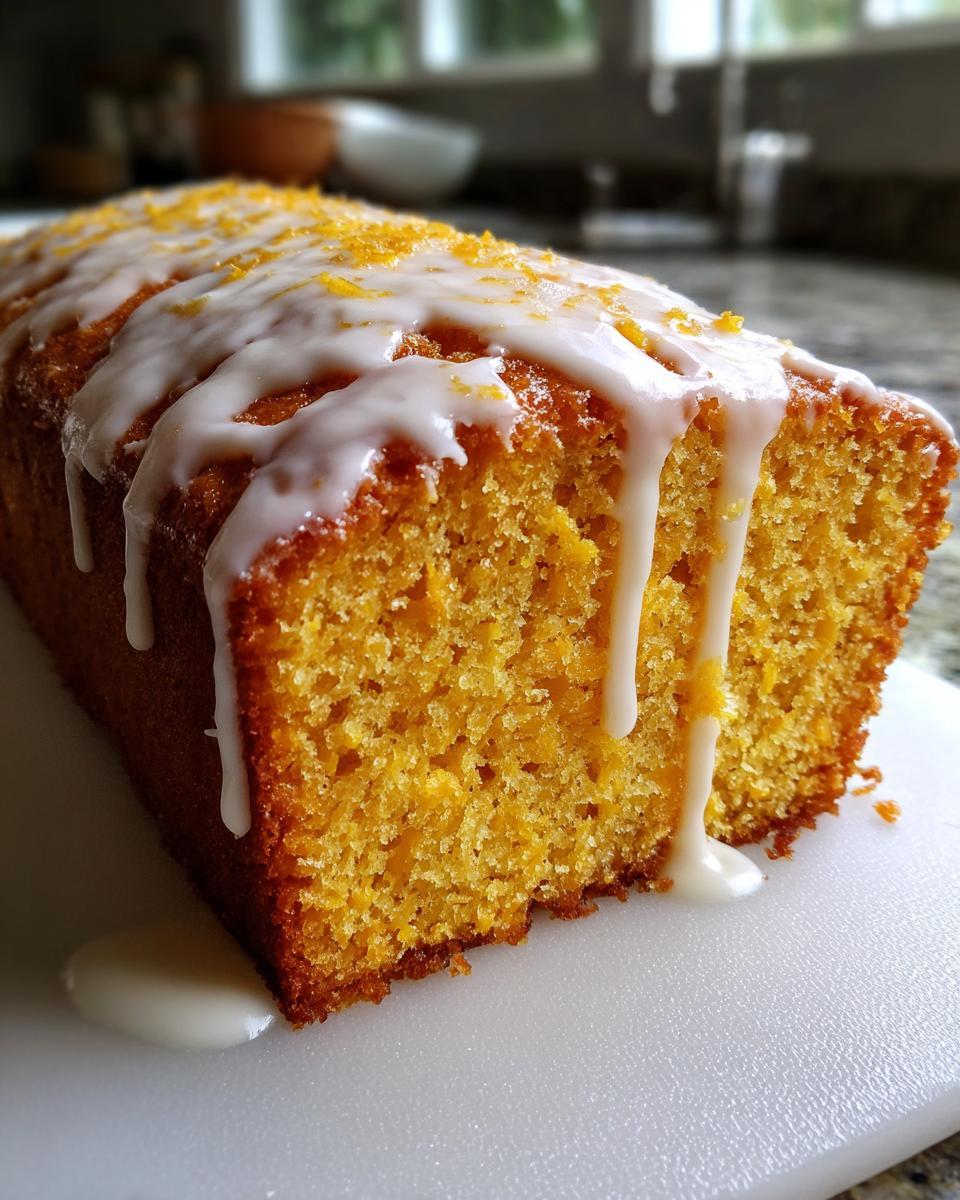 A close-up of a moist, orange-hued sweet potato pound cake loaf topped with white glaze and zest.