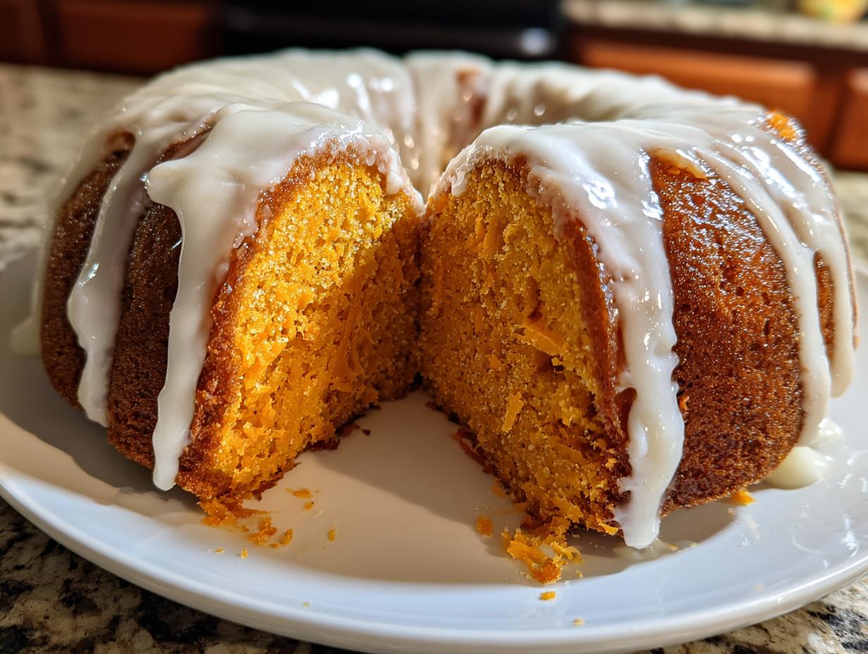 A rich, orange-hued sweet potato pound cake, cut in half to show the texture, topped with a thick white glaze.