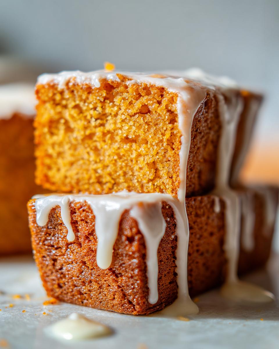 Close-up of two stacked slices of moist sweet potato pound cake topped with thick white vanilla glaze dripping down the sides.
