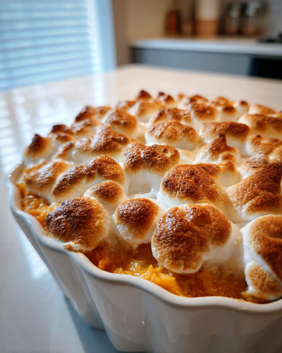 Close-up of a baked sweet potatoes casserole topped with perfectly toasted, golden brown marshmallows.