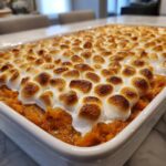 Close-up of a baked sweet potatoes casserole topped with perfectly toasted, golden brown marshmallows.