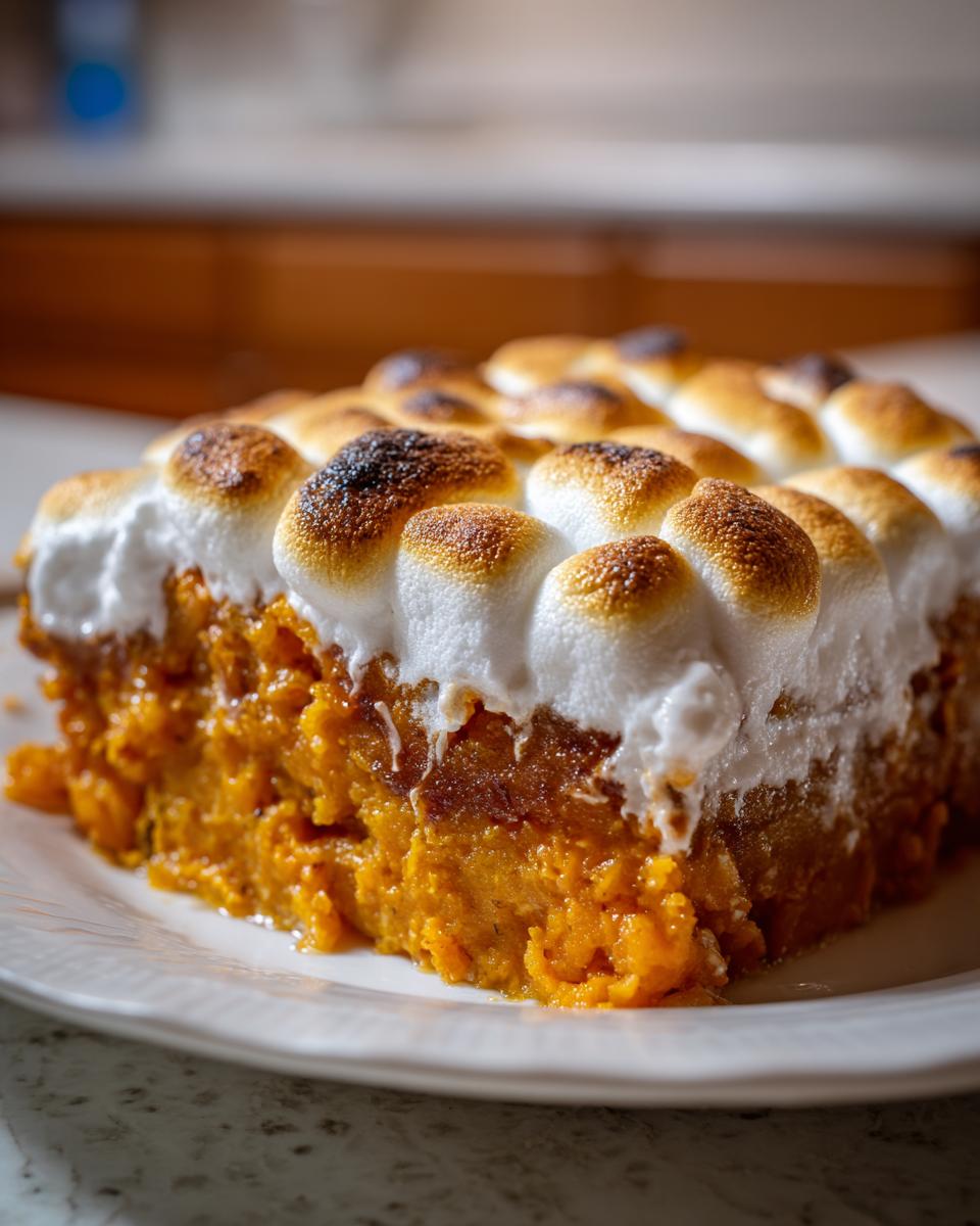 A close-up serving of rich, orange sweet potatoes casserole topped with toasted, browned marshmallows.
