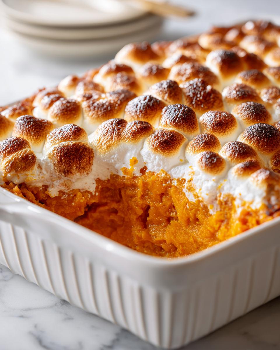 Close-up of a vibrant orange sweet potatoes casserole topped with perfectly toasted, golden brown marshmallows.