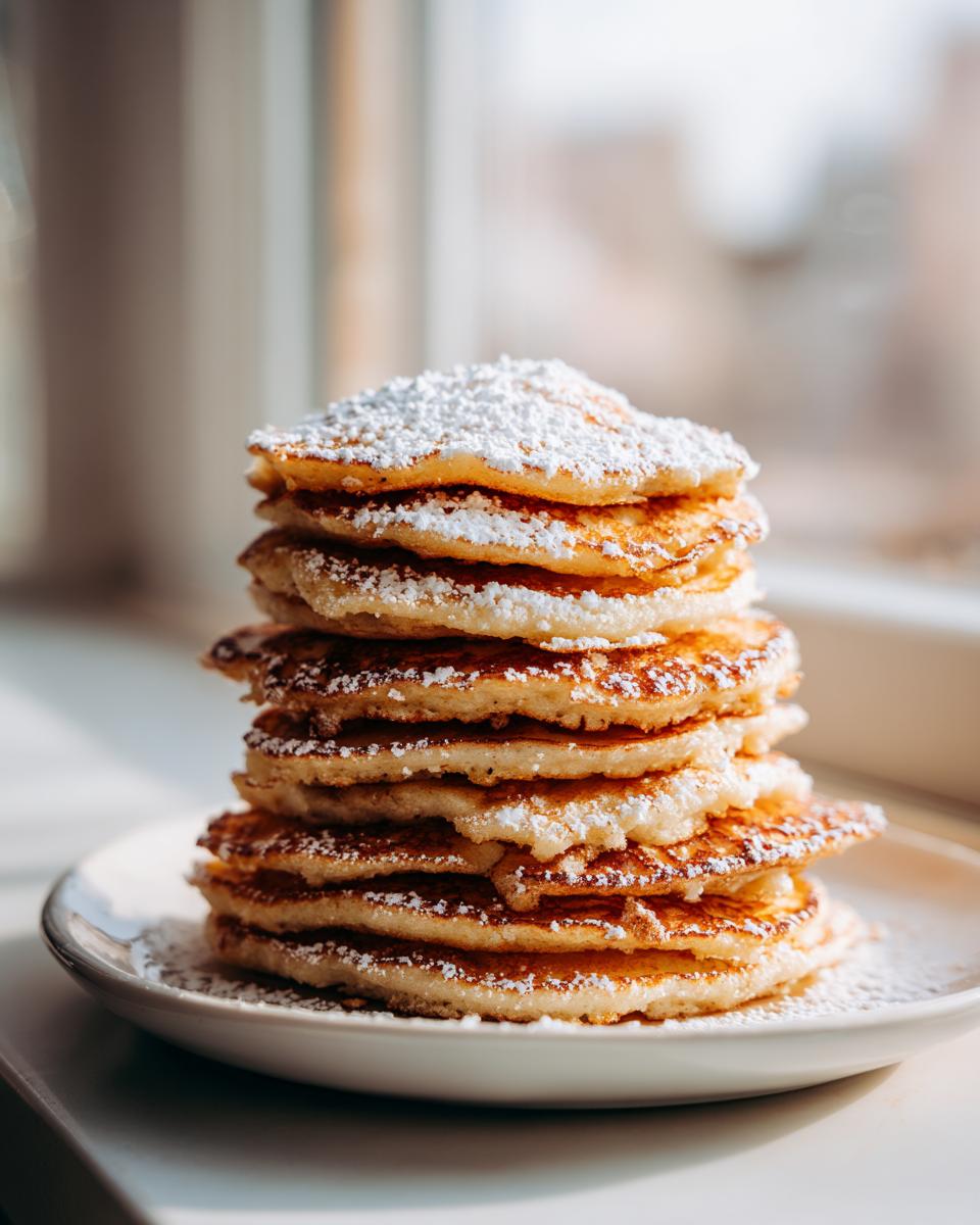 A tall stack of golden brown coconut flour pancakes dusted heavily with powdered sugar on a white plate.