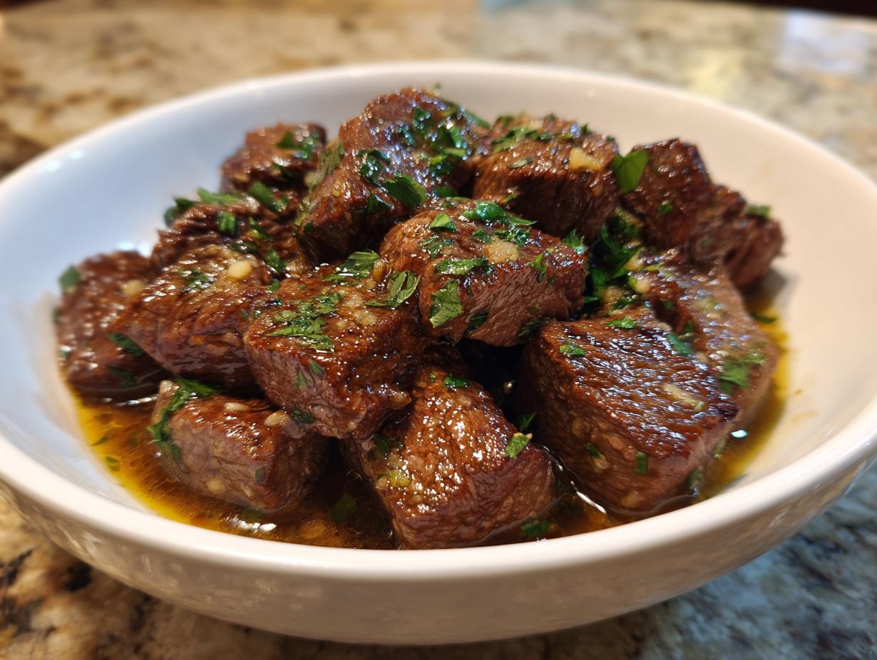 Close-up of tender crockpot steak bites coated in a rich, buttery sauce and topped with fresh parsley.