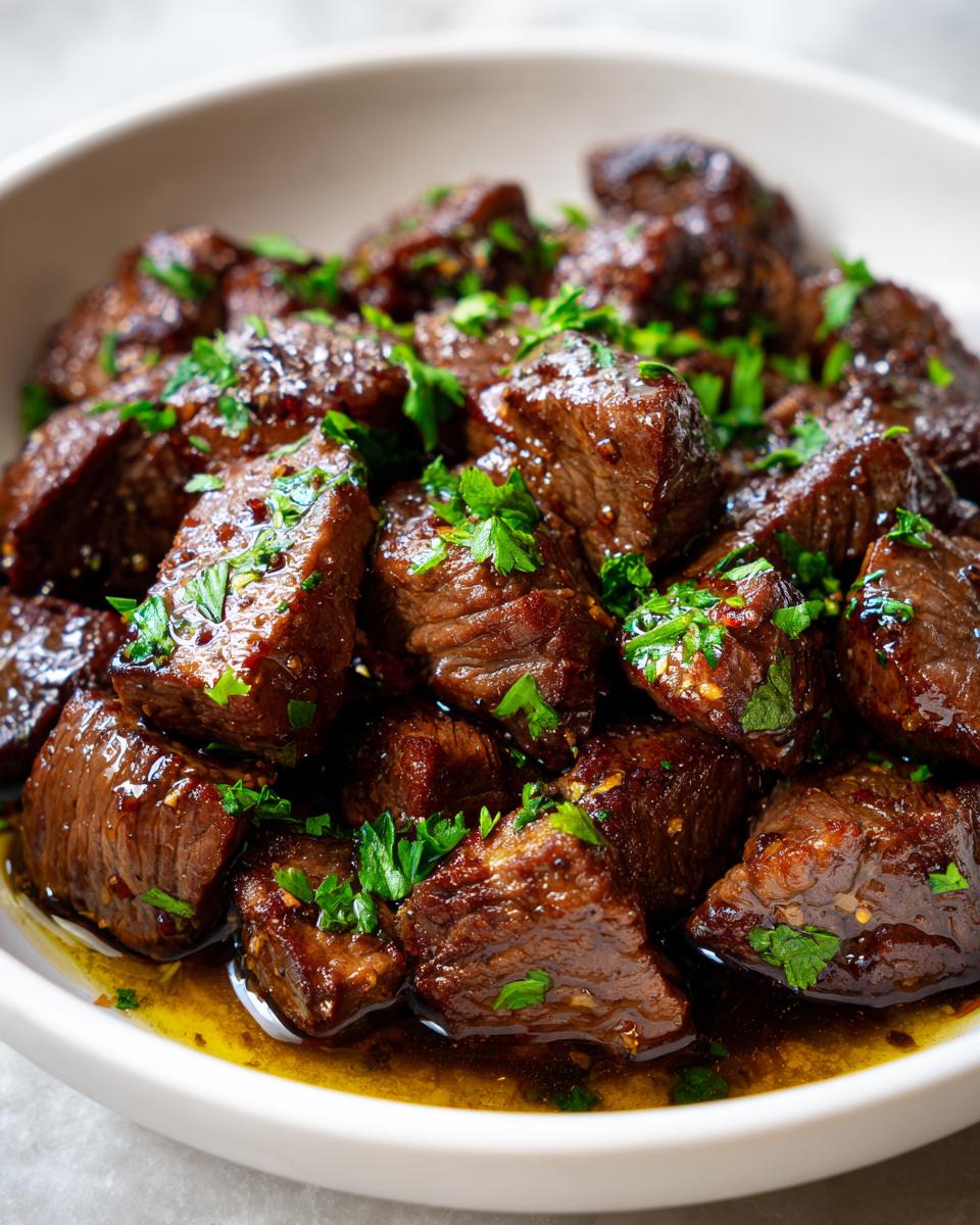 Close-up of tender crockpot steak bites coated in a rich sauce and topped with fresh chopped parsley.