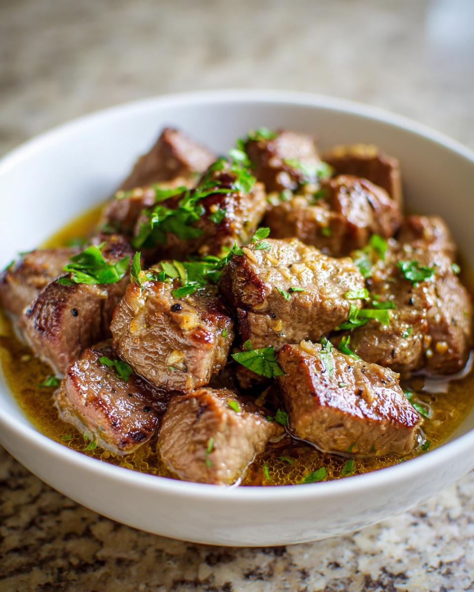 Close-up of tender crockpot steak bites served in a white bowl with savory juices and fresh parsley.