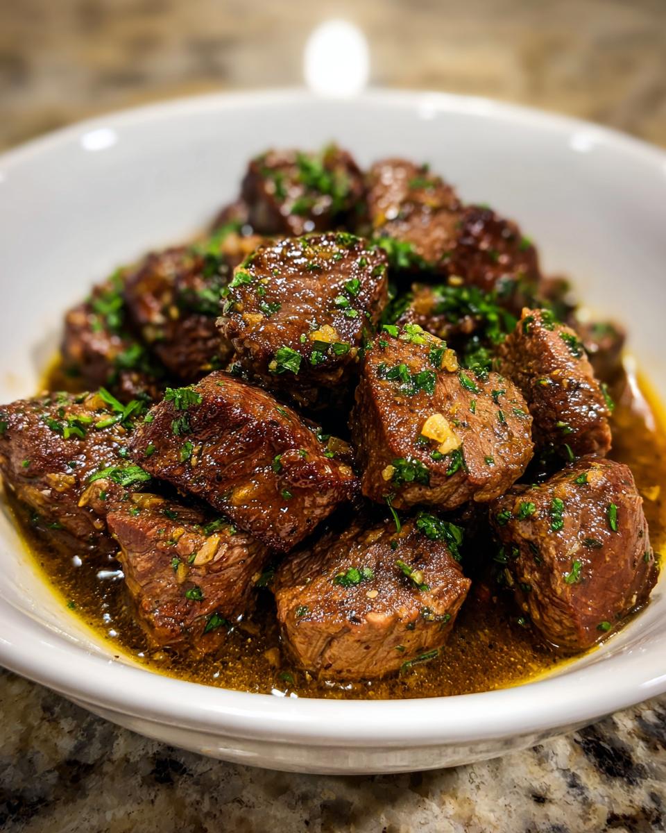 Close-up of tender, cubed crockpot steak bites swimming in a savory brown sauce and topped with fresh parsley.