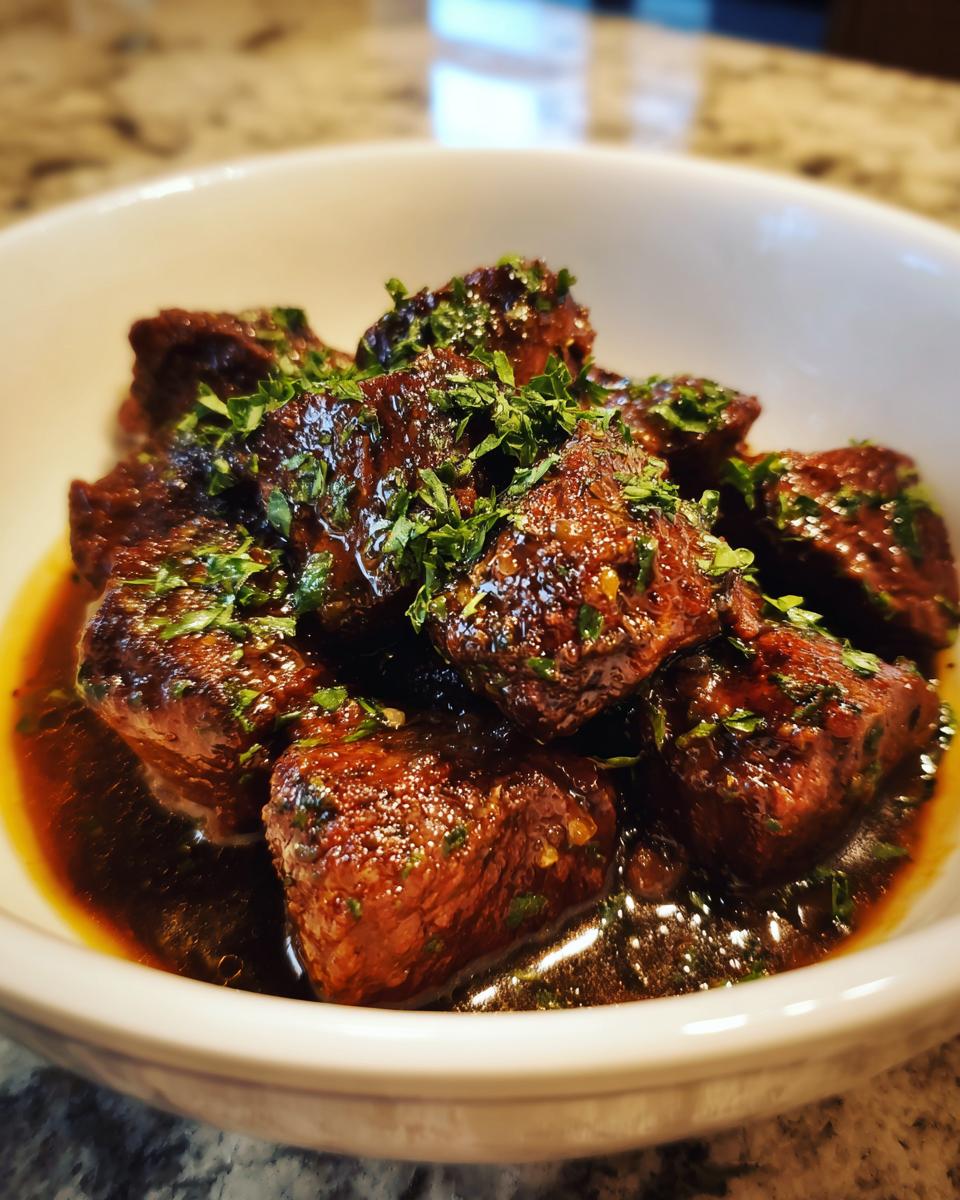 Close-up of tender crockpot steak bites coated in a dark, rich sauce and garnished with fresh chopped parsley.