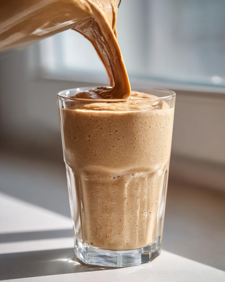 Thick, creamy peanut butter banana smoothie being poured from a blender into a tall glass.