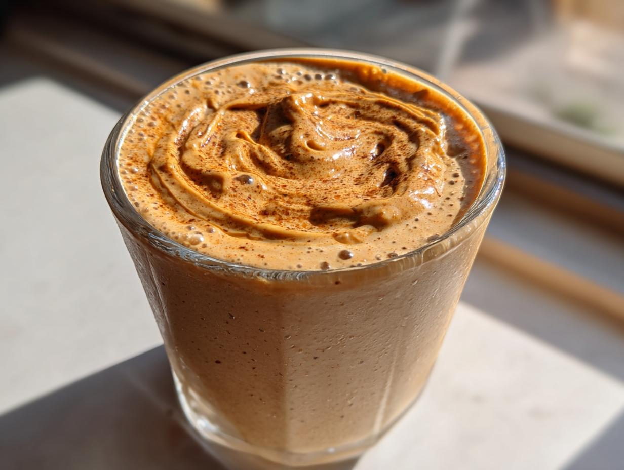 Close-up of a thick, creamy peanut butter banana smoothie topped with a swirl and cinnamon dusting.