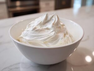 A white bowl filled with thick, glossy, stiff-peak royal icing recipe mixture ready for decorating.