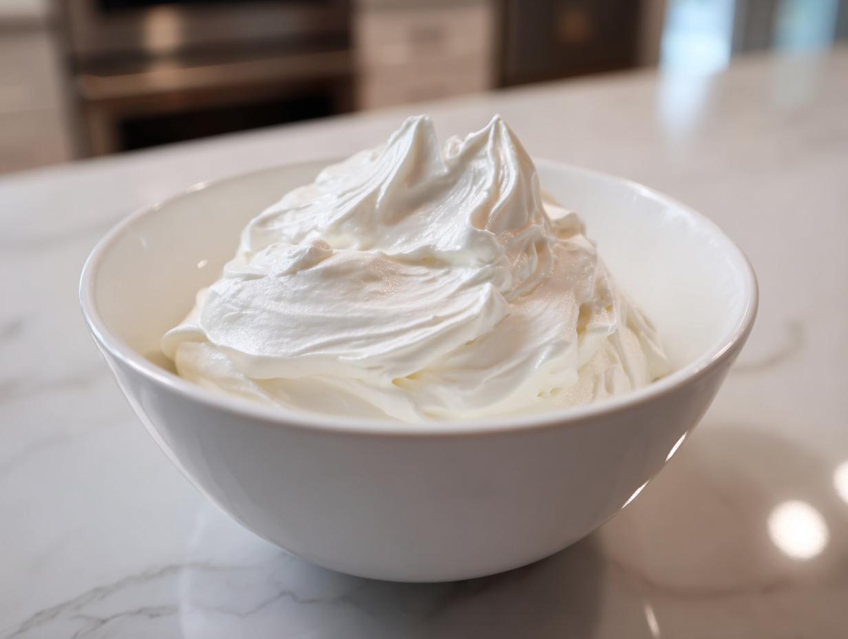 A white bowl filled with thick, glossy, stiff-peak royal icing recipe mixture ready for decorating.