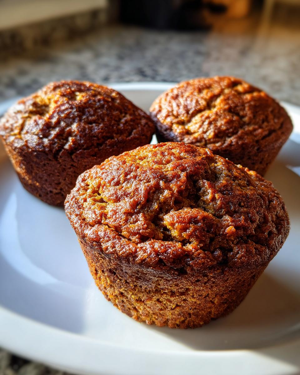 Close-up of three golden-brown, freshly baked bran muffins sitting on a white plate.
