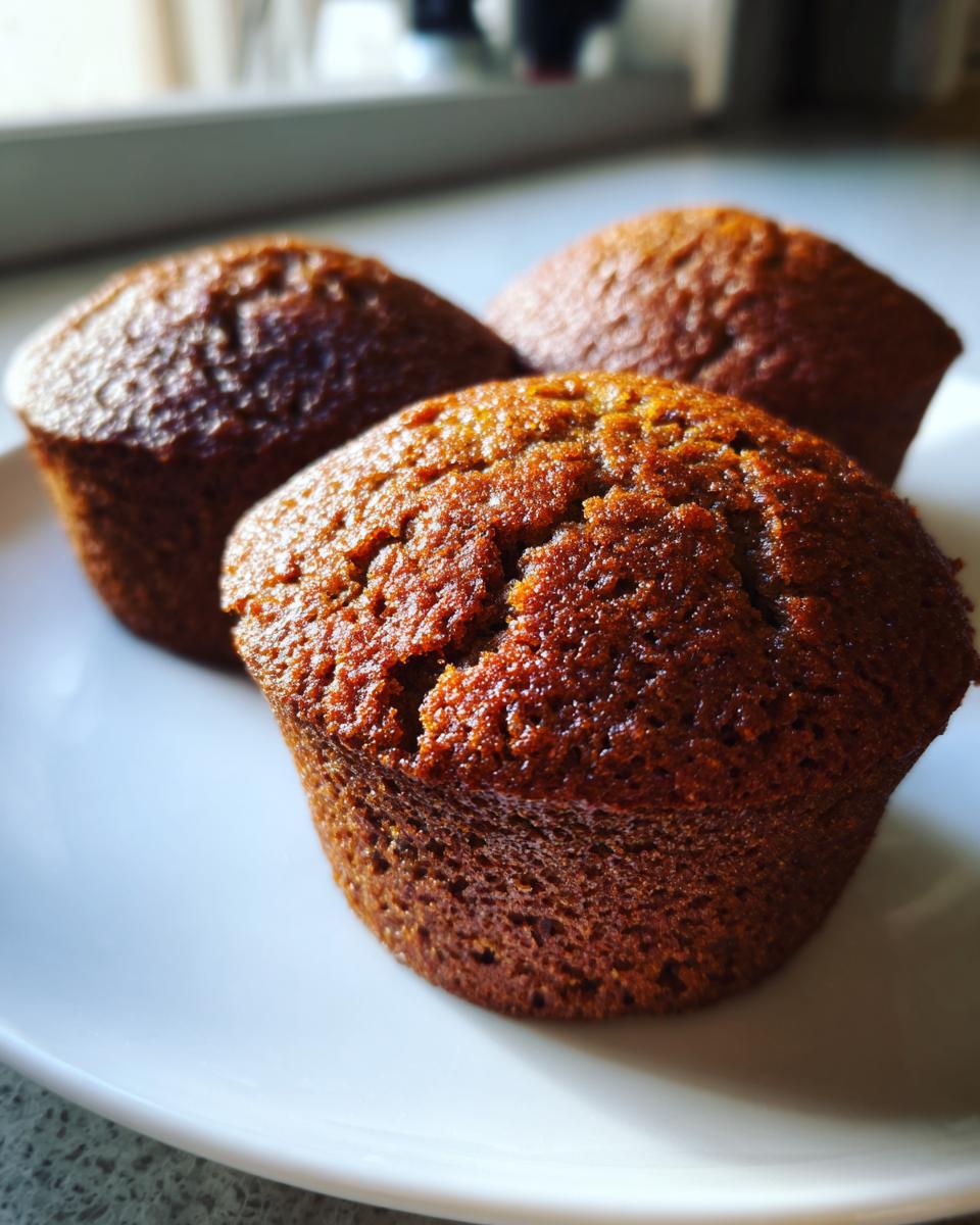 Close-up of three dark, moist bran muffins sitting on a white plate, highlighted by natural light.