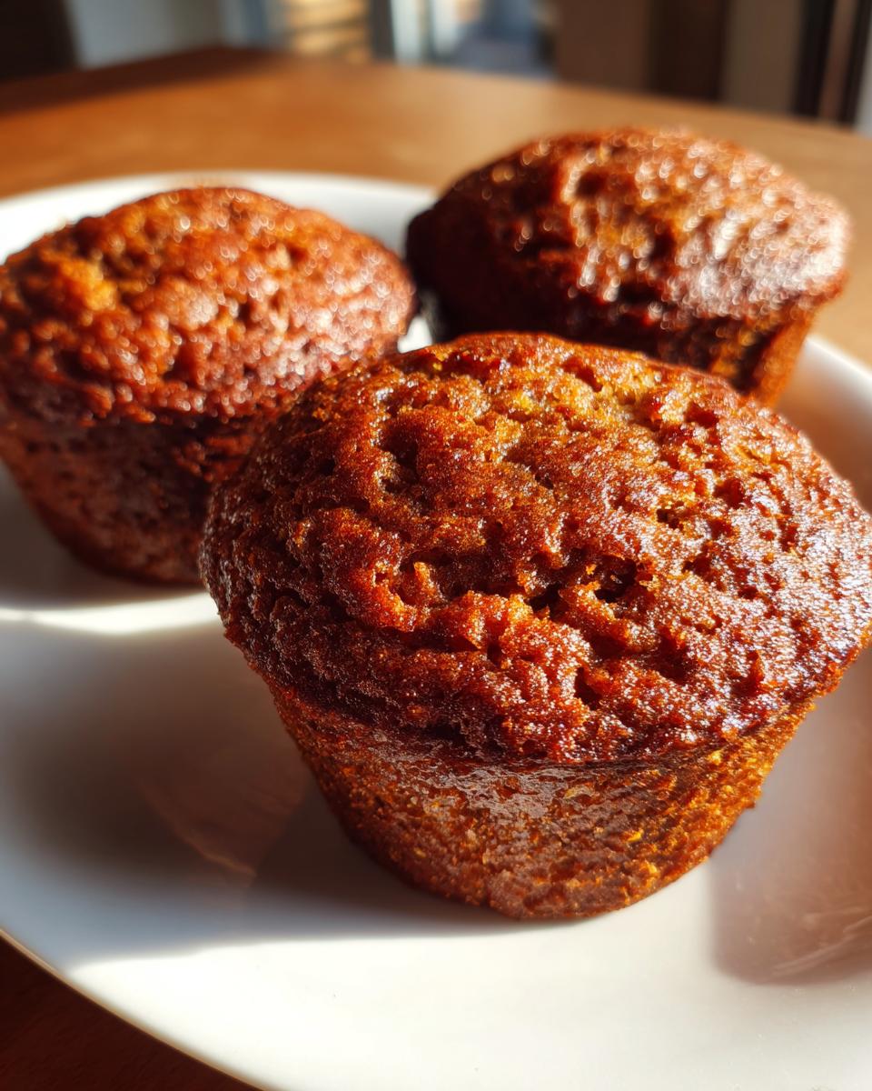Close-up of three freshly baked, dark golden brown bran muffins sitting on a white plate in bright sunlight.