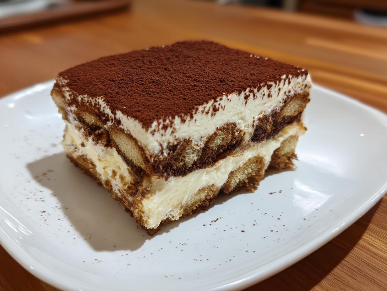 A square slice of classic tiramisu recipe featuring layers of cream, coffee-soaked ladyfingers, and dusted with cocoa powder.