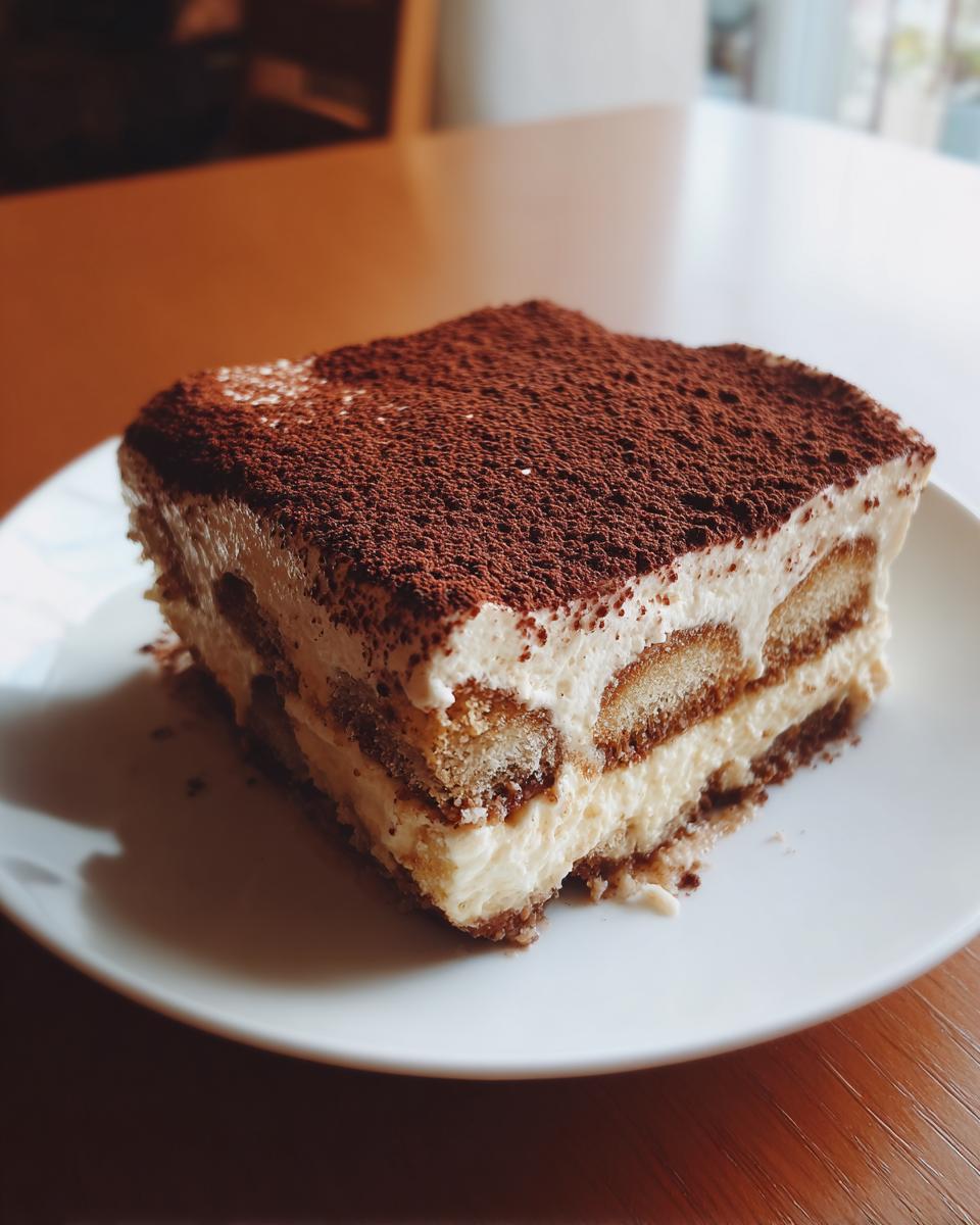 A close-up of a perfect square slice of tiramisu recipe, layered with cream and ladyfingers, dusted heavily with cocoa powder.