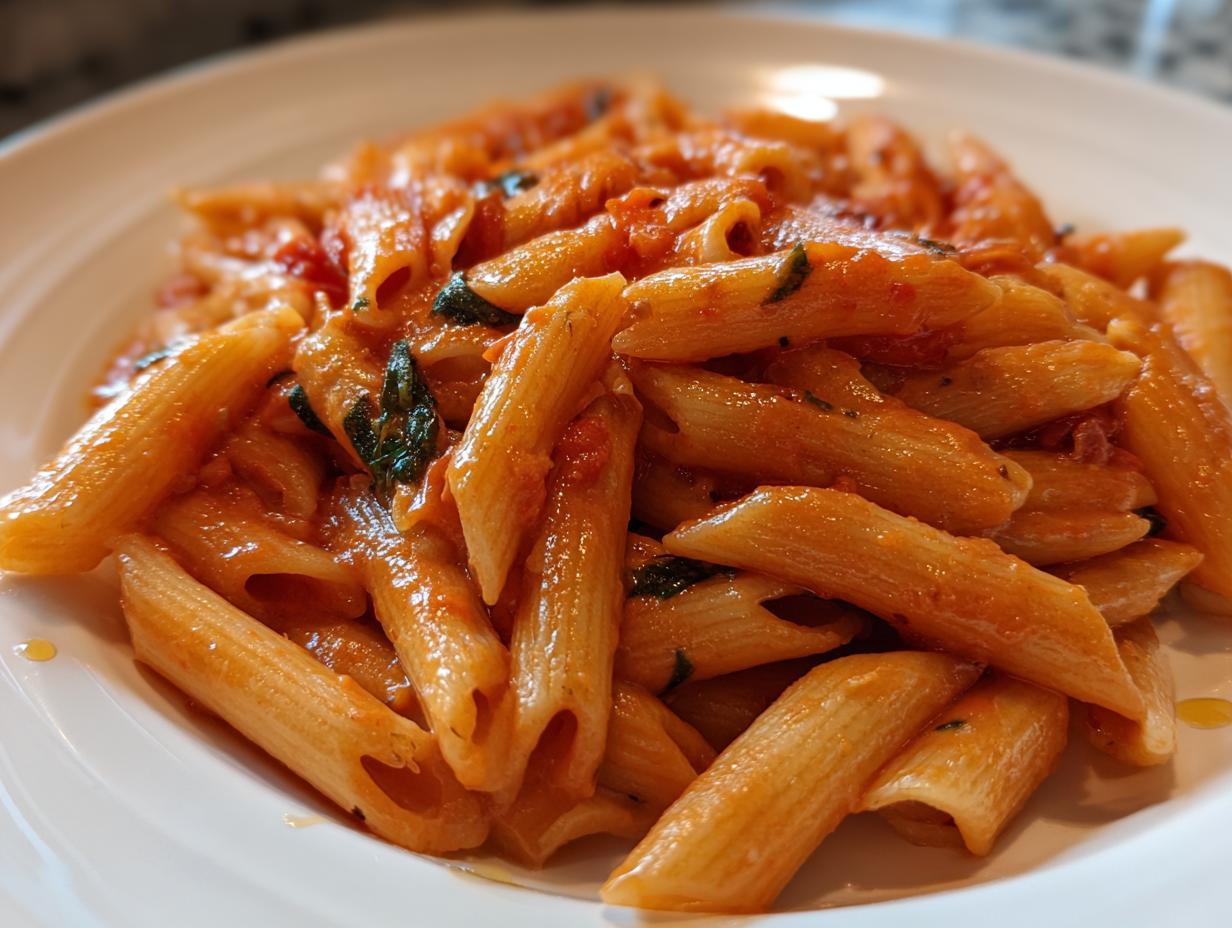 A close-up of creamy tomato basil pasta made with penne, featuring vibrant sauce and fresh basil pieces.