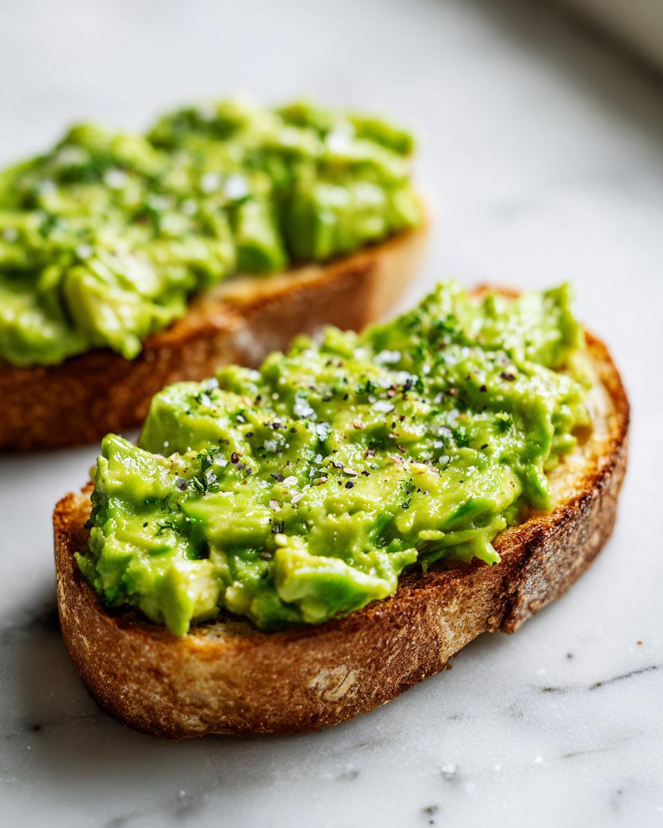 Close-up of two slices of avocado toast, topped with chunky mashed avocado, sea salt, and pepper.