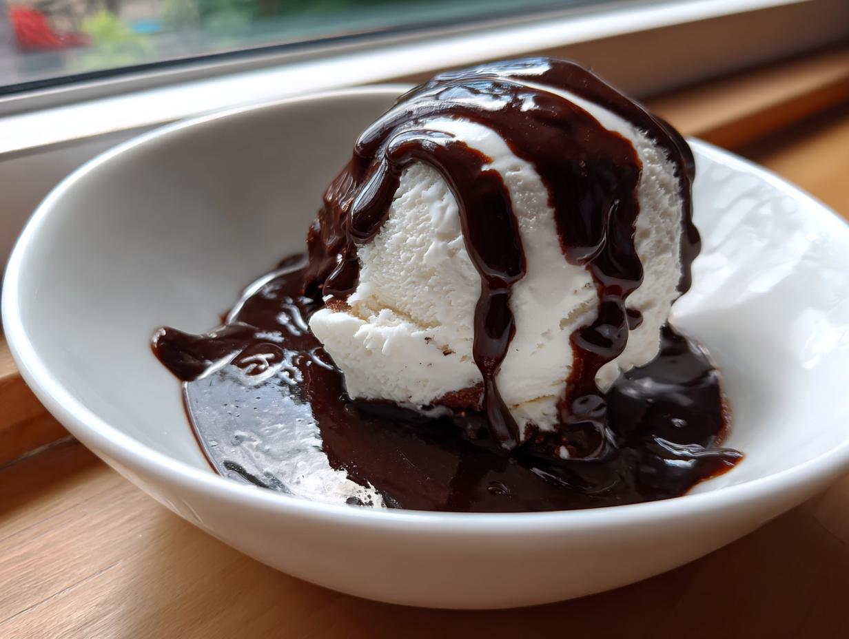 A scoop of vanilla ice cream generously covered in rich, glossy chocolate sauce recipe topping in a white bowl.