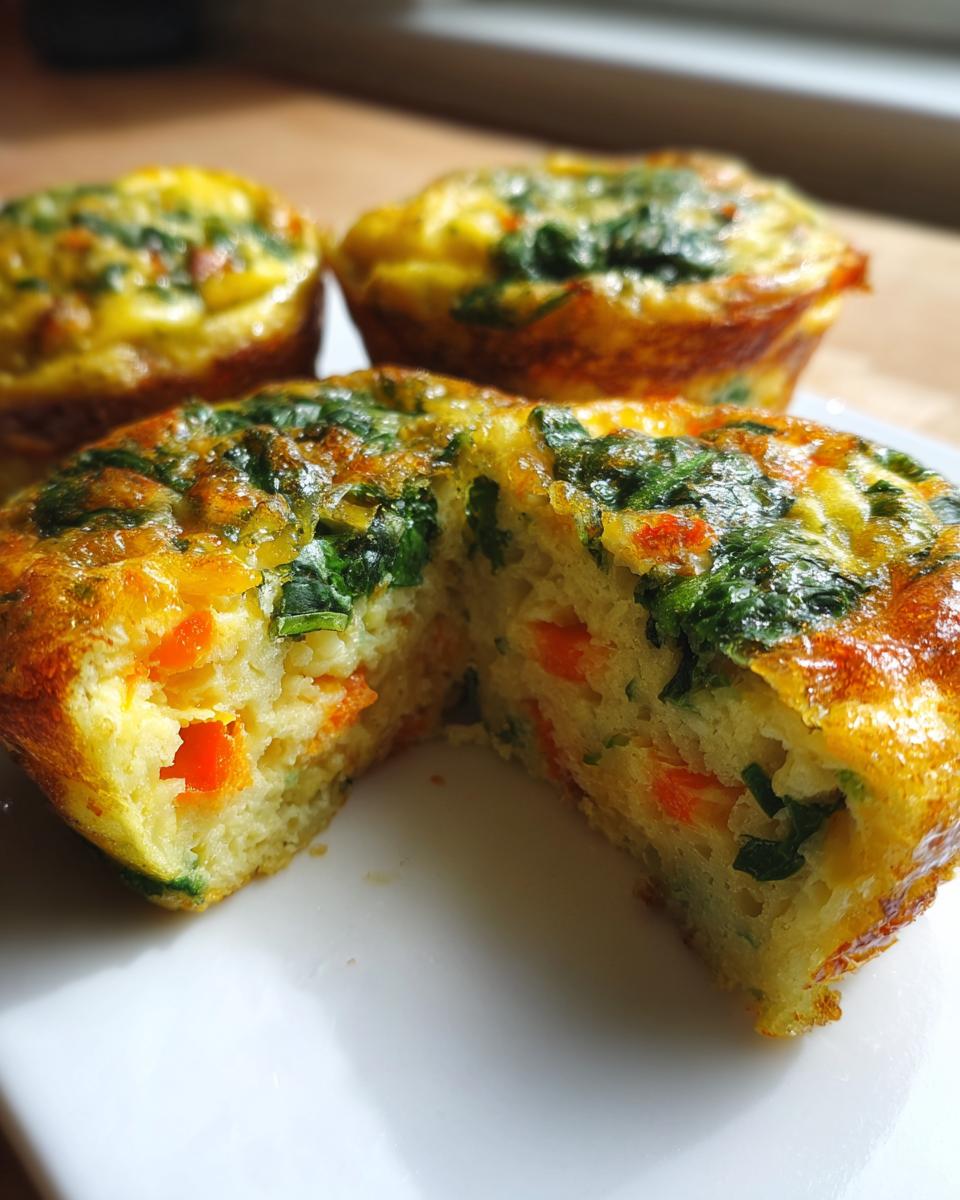 Close-up of a vegetable egg muffin cut in half, showing spinach and orange peppers inside.