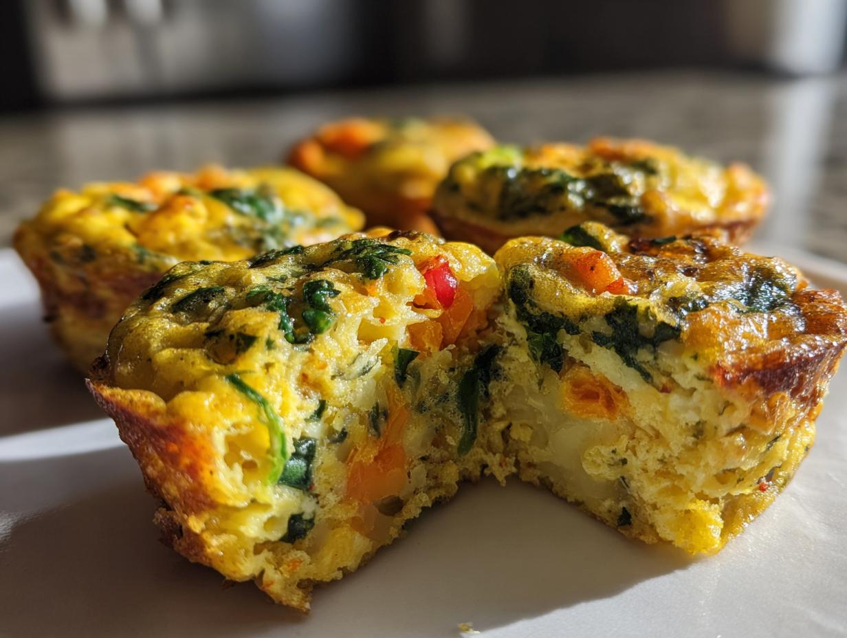 A vegetable egg muffin, cut in half, showing potatoes, spinach, and peppers inside the baked egg mixture.