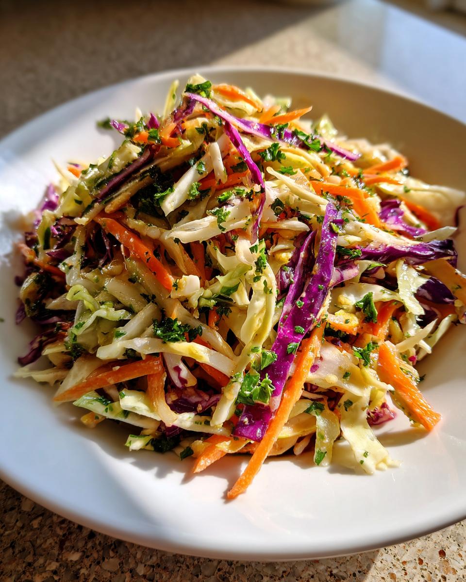 Close-up of a colorful shredded cabbage salad featuring green cabbage, purple cabbage, carrots, and parsley.