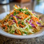 A close-up of a fresh, colorful cabbage salad featuring shredded green cabbage, red cabbage, carrots, and parsley.