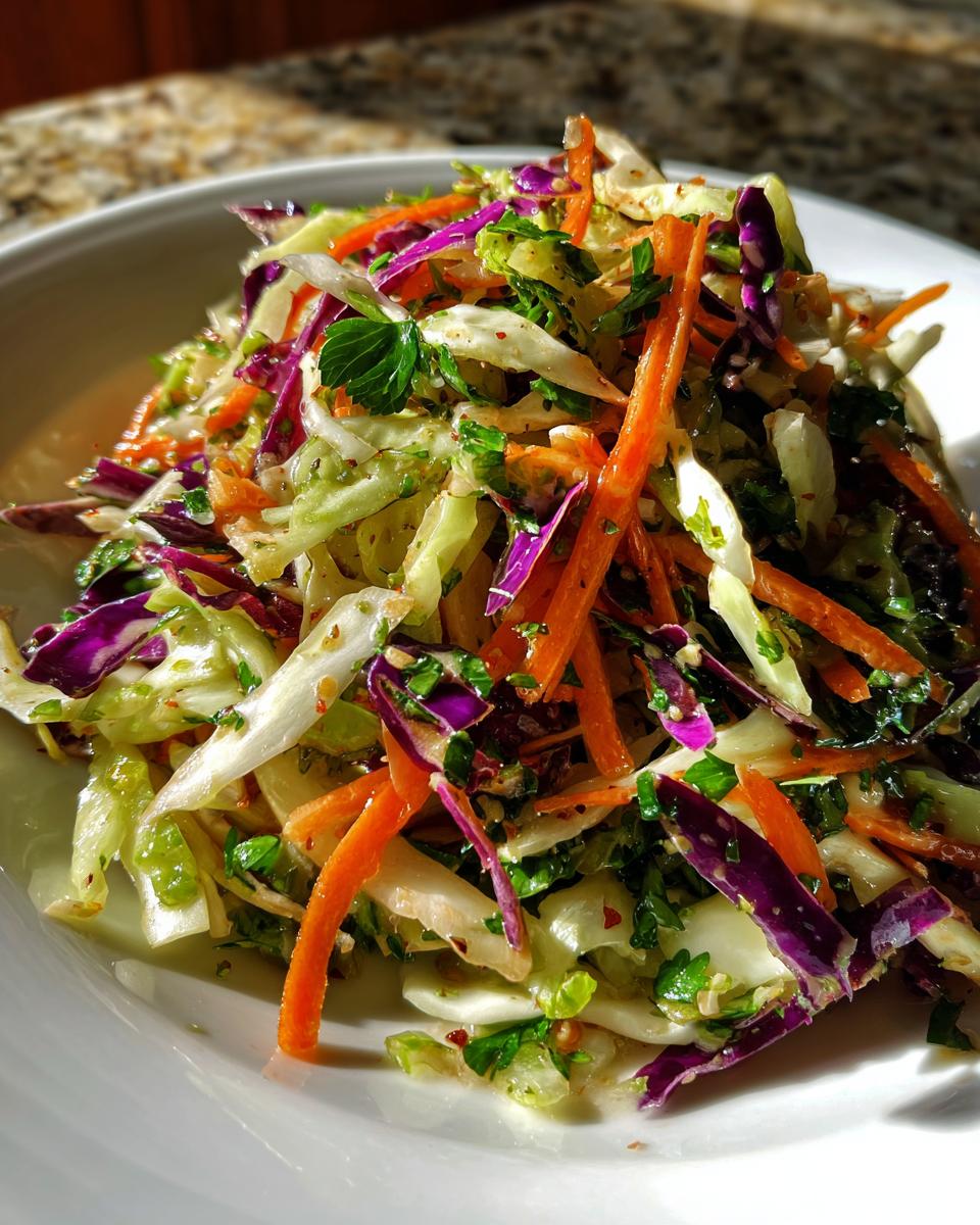A close-up of a vibrant homemade cabbage salad featuring shredded green cabbage, purple cabbage, carrots, and fresh parsley.
