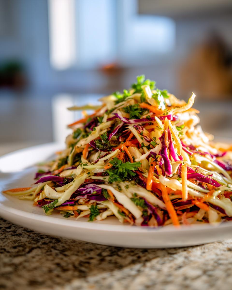 A colorful mound of fresh cabbage salad featuring shredded white and purple cabbage, carrots, and parsley garnish.