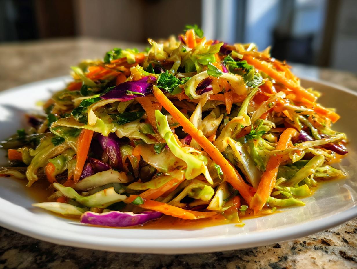 A close-up of a vibrant, freshly dressed cabbage salad featuring shredded green and purple cabbage and bright orange carrots.