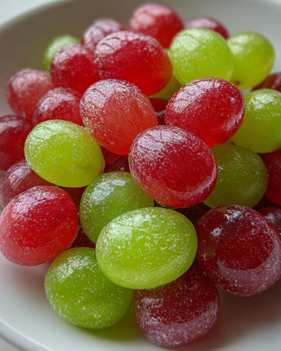 Close-up of vibrant red and green candy grapes coated in a sugary, crystalline texture.