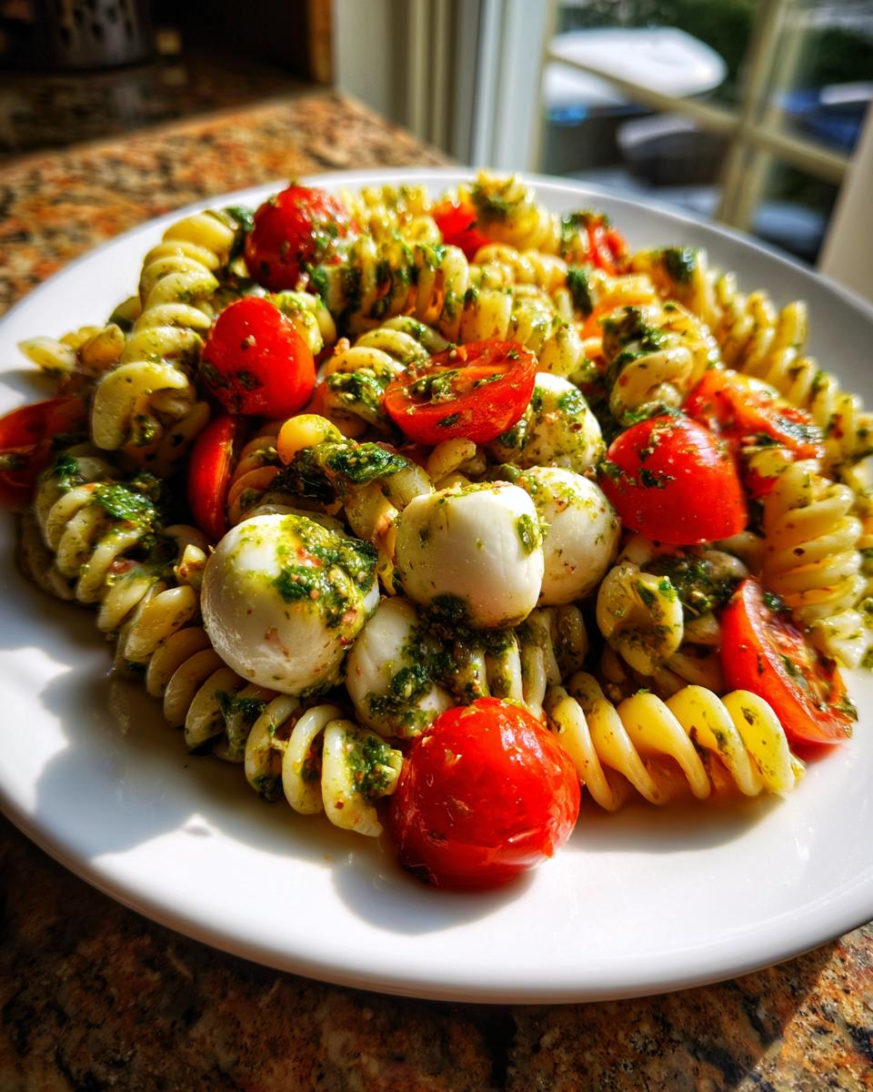 Close-up of a serving of caprese pasta salad featuring fusilli, cherry tomatoes, mozzarella balls, and pesto.