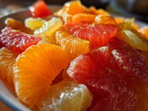 Close-up of mixed citrus segments, including orange and ruby red grapefruit, in a bright citrus salad.