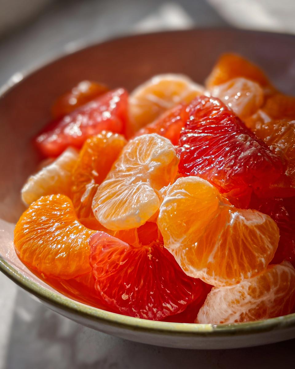 Close-up of bright orange and ruby red citrus segments prepared for a refreshing citrus salad.