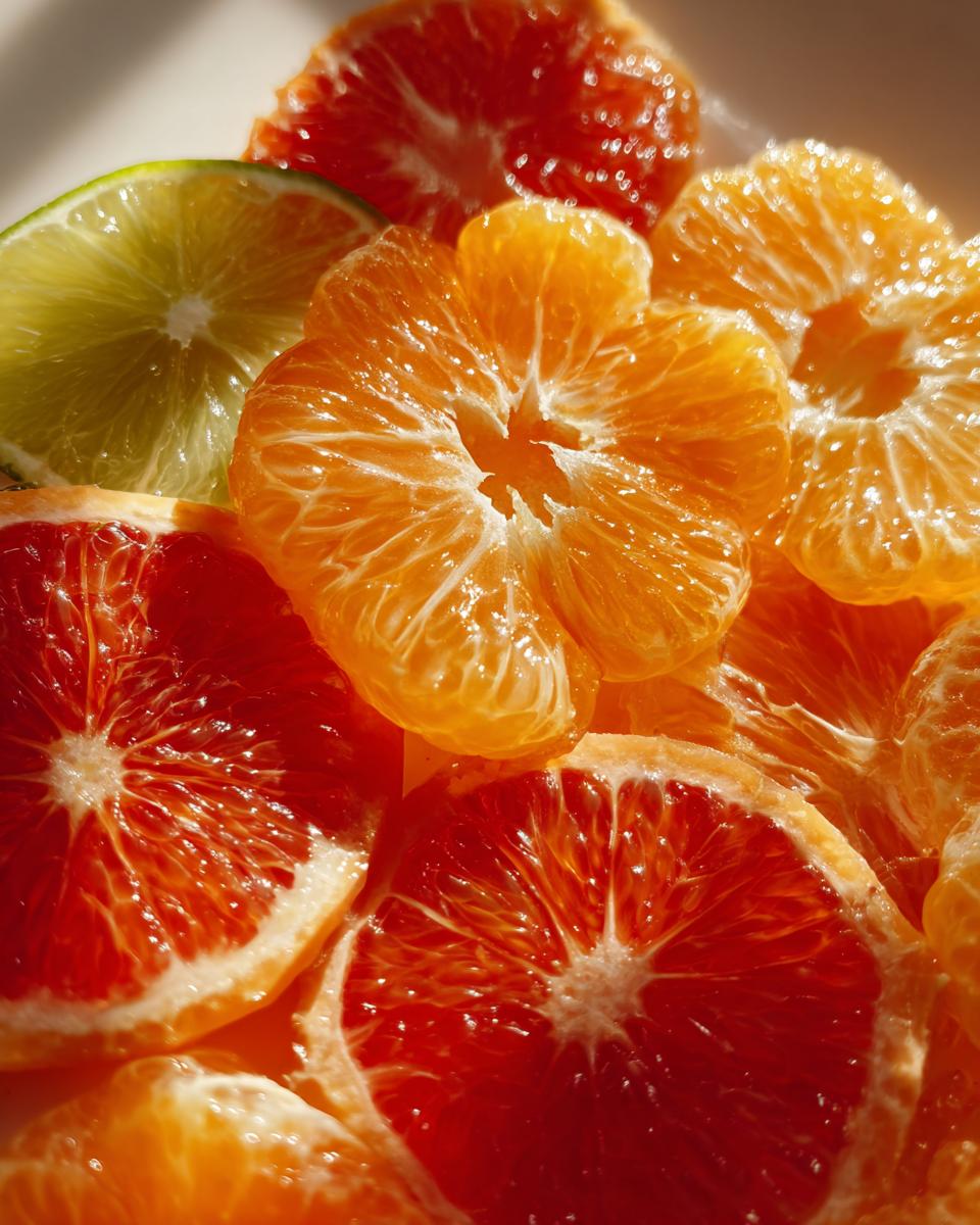 Close-up of peeled segments of blood orange, mandarin, and a slice of lime for a vibrant citrus salad.