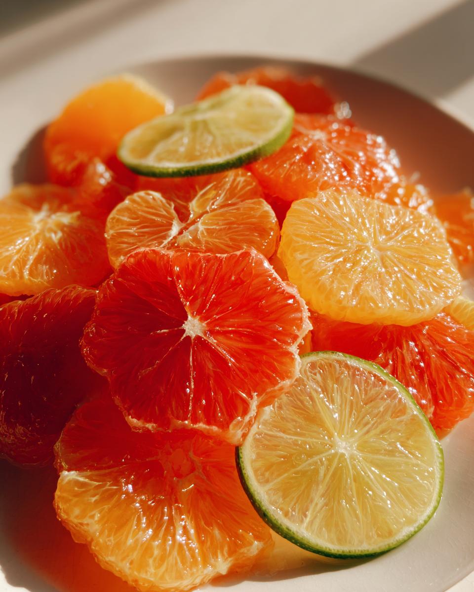 Close-up of bright orange, red, and lime slices prepared for a citrus salad.