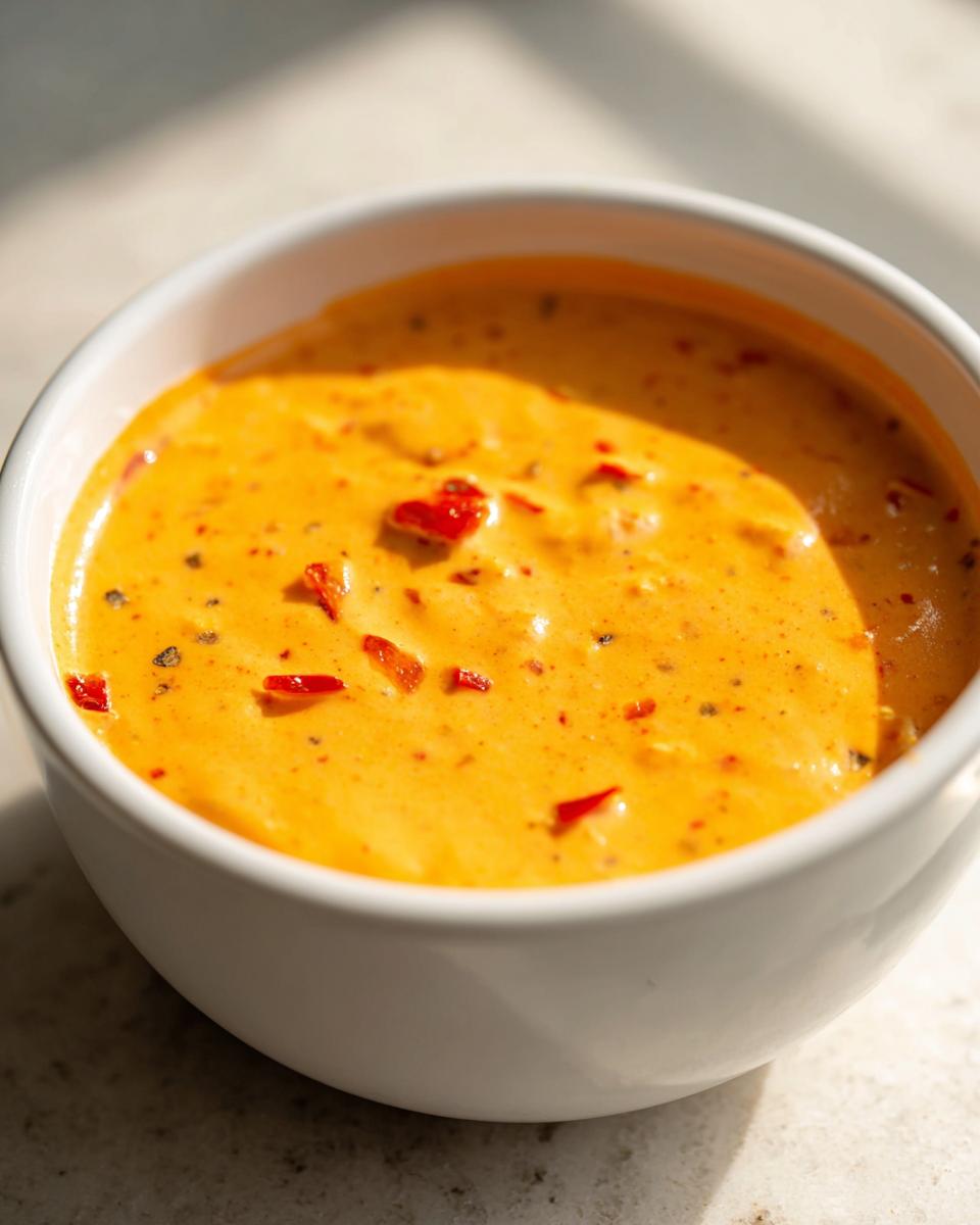 Close-up of vibrant orange cottage cheese queso topped with red pepper flakes in a white bowl.