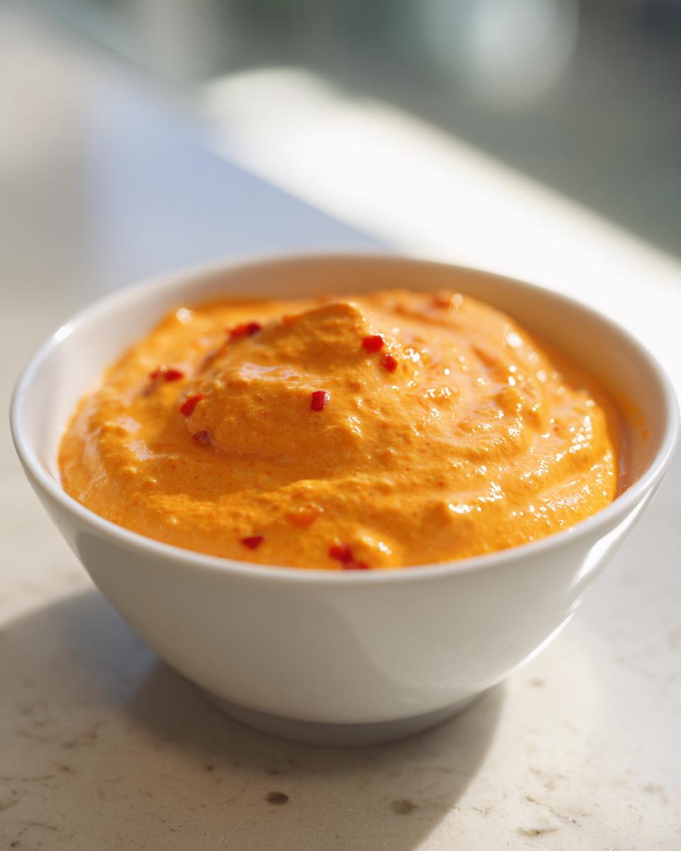 A close-up of vibrant orange cottage cheese queso topped with red pepper flakes in a white bowl.