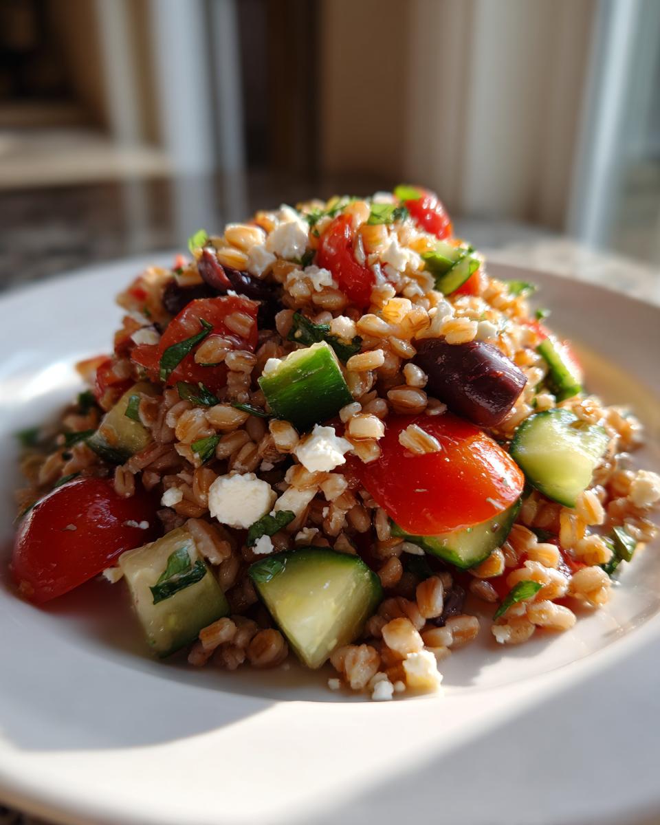 A close-up of a healthy farro salad mixed with chopped tomatoes, cucumber, Kalamata olives, and feta cheese.