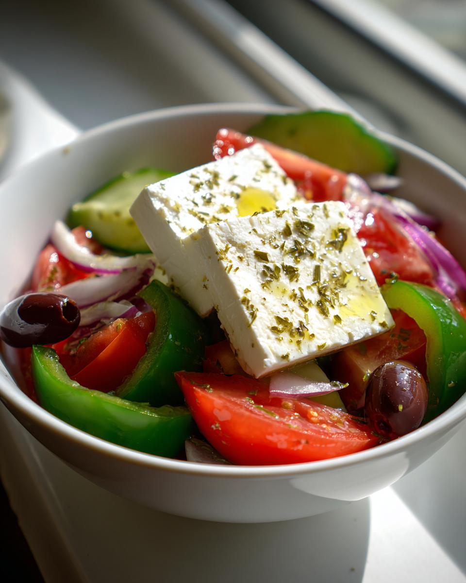 Close-up of a vibrant greek salad featuring large blocks of feta cheese drizzled with oil and herbs, tomatoes, cucumbers, and olives.