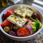A vibrant bowl of greek salad topped with thick slices of feta cheese drizzled with herbs and olive oil.