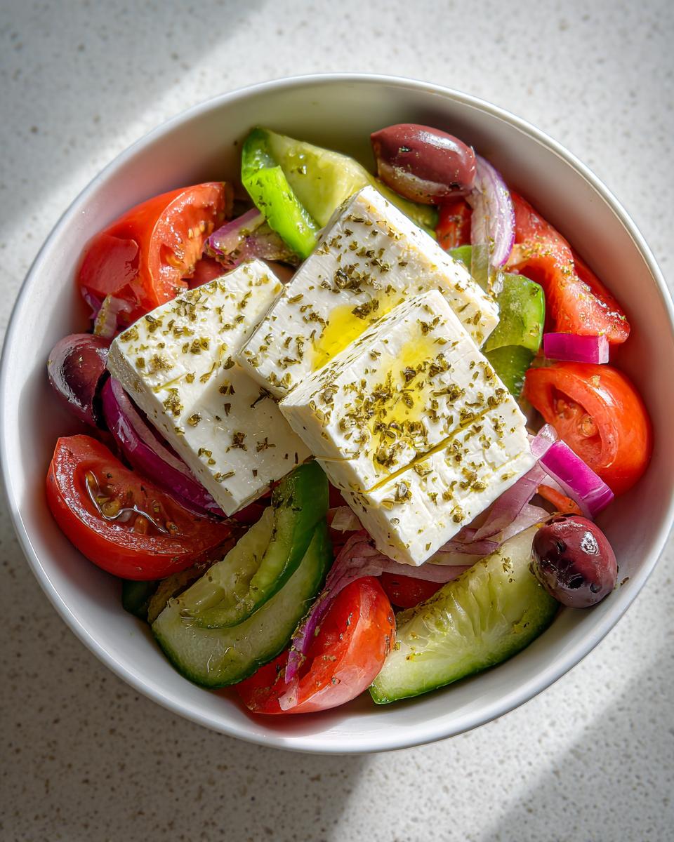 Close-up overhead view of a vibrant greek salad featuring large blocks of feta cheese drizzled with olive oil, tomatoes, cucumbers, and Kalamata olives.