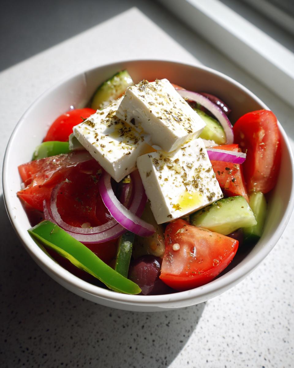 Close-up of a vibrant greek salad featuring large cubes of feta cheese, tomatoes, cucumbers, red onion, and olives.
