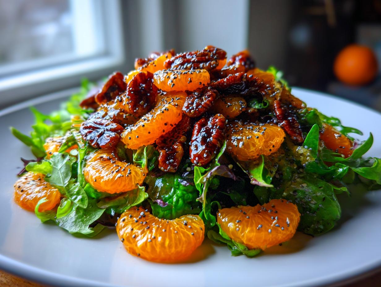 Close-up of a vibrant mandarin orange salad featuring bright greens, glistening mandarin segments, and candied pecans sprinkled with poppy seeds.