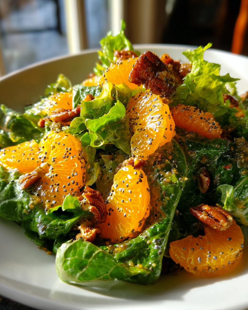 Close-up of a vibrant mandarin orange salad featuring bright orange segments, crisp lettuce, pecans, and poppy seeds.
