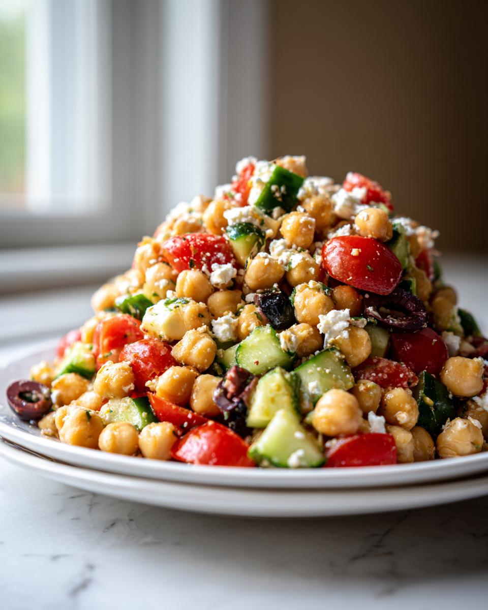 A tall mound of fresh mediterranean chickpea salad featuring chickpeas, cucumbers, tomatoes, olives, and feta cheese.