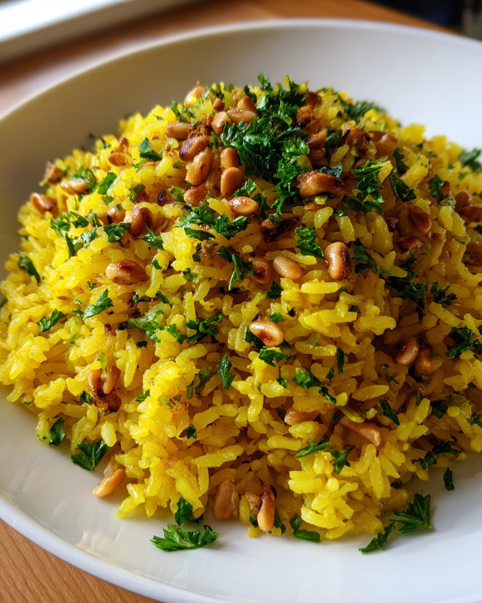 Close-up of vibrant yellow mediterranean rice topped with toasted pine nuts and fresh chopped parsley.