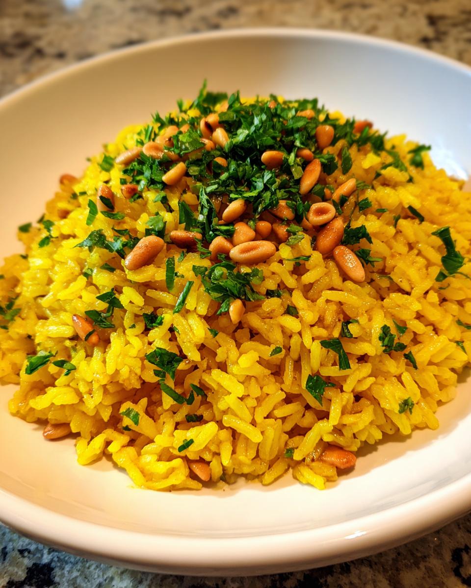A close-up of bright yellow mediterranean rice topped with toasted pine nuts and fresh chopped parsley in a white bowl.
